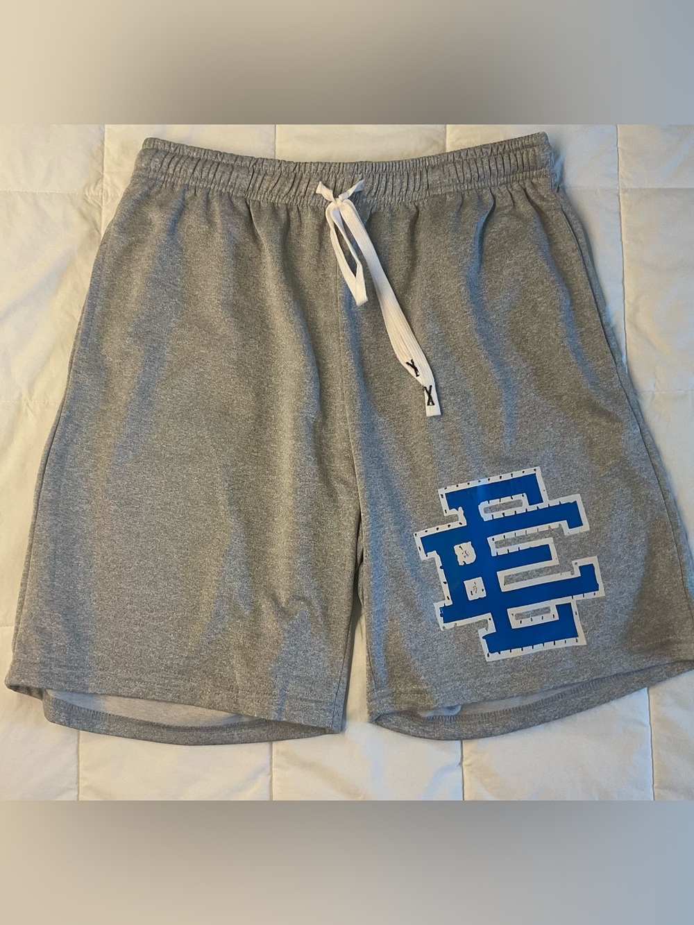 Gray Athletic Shorts with Blue Graphic Mens Size M, Youth XXL